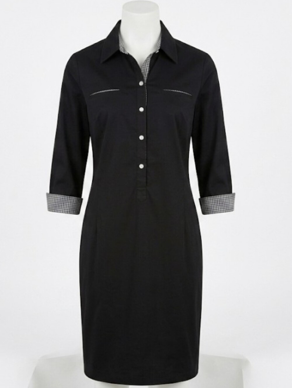 Vintage Talbots Stretch Black A-Line Shirt Dress 10 3/4 Sleeve Gingham